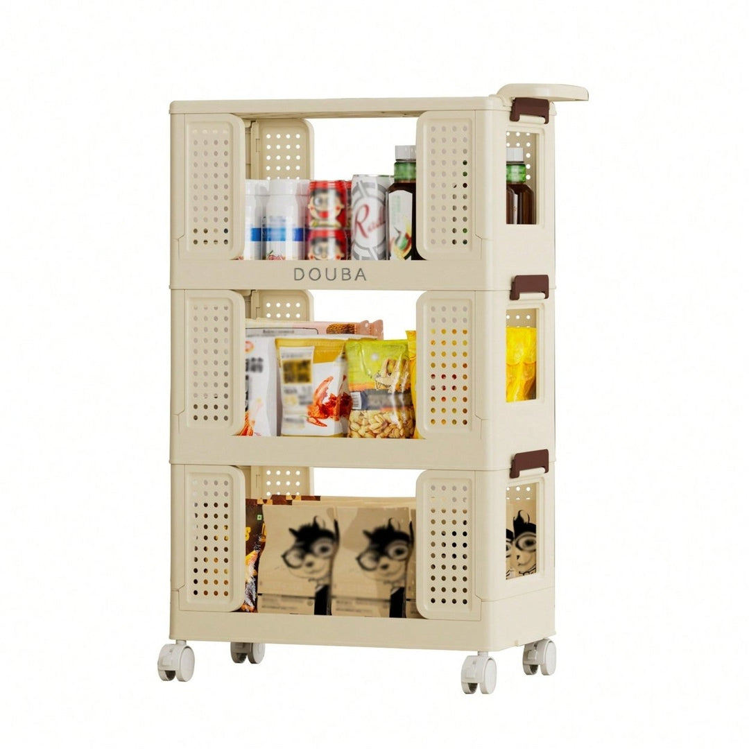 Beige 3-Tier Rolling Storage Cart with Lockable Wheels Versatile Organizer for Kitchen Bathroom Laundry Image 1