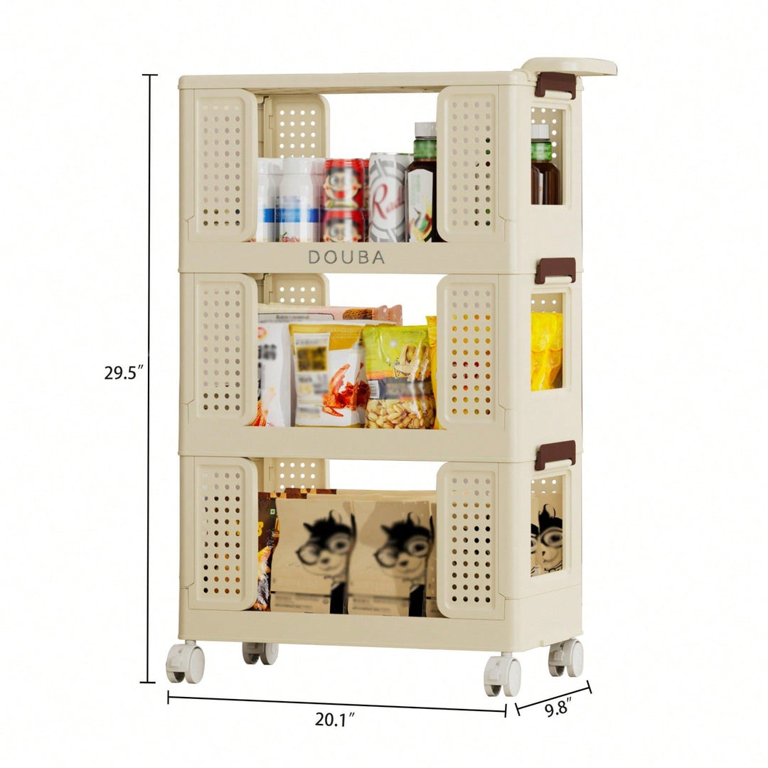 Beige 3-Tier Rolling Storage Cart with Lockable Wheels Versatile Organizer for Kitchen Bathroom Laundry Image 5