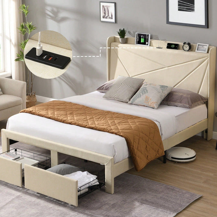 Beige Full Size Bed Frame with Storage Drawers Wingback Headboard USB Charging Stations Sturdy Slat Support No Box Image 1