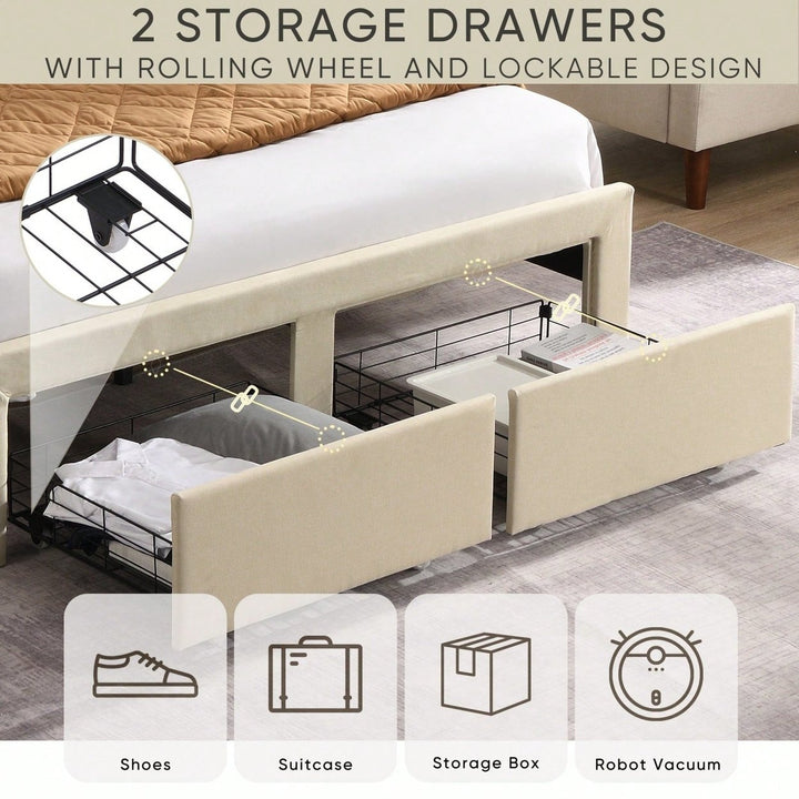 Beige Full Size Bed Frame with Storage Drawers Wingback Headboard USB Charging Stations Sturdy Slat Support No Box Image 4