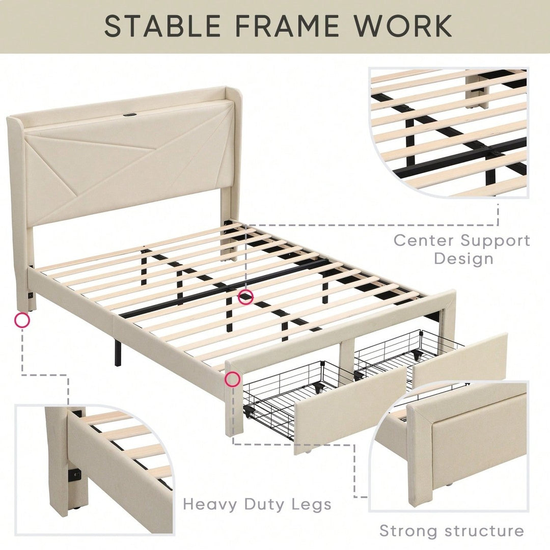 Beige Full Size Bed Frame with Storage Drawers Wingback Headboard USB Charging Stations Sturdy Slat Support No Box Image 7