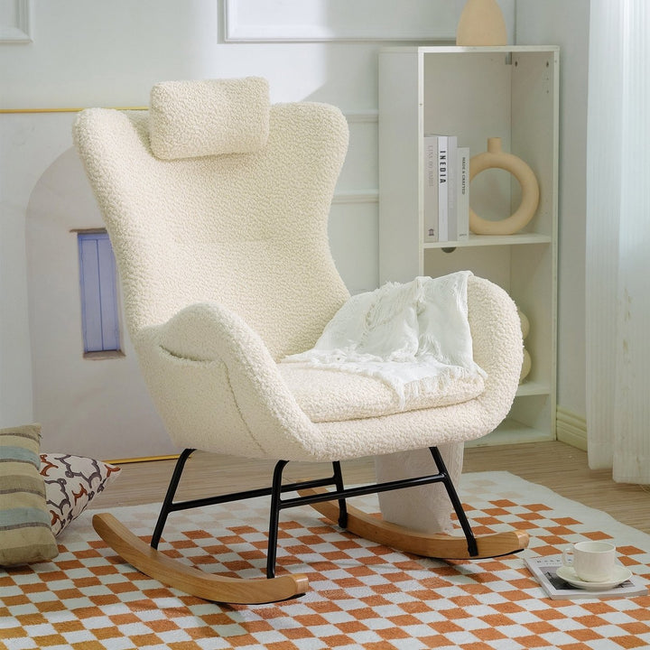 Beige Teddy Upholstered Rocker Glider Chair with Adjustable Headrest for Nursery Bedroom Living Room Office Image 1