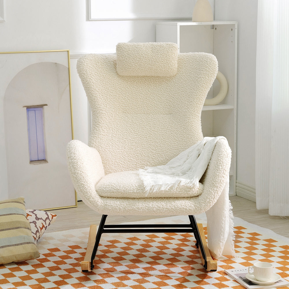 Beige Teddy Upholstered Rocker Glider Chair with Adjustable Headrest for Nursery Bedroom Living Room Office Image 2