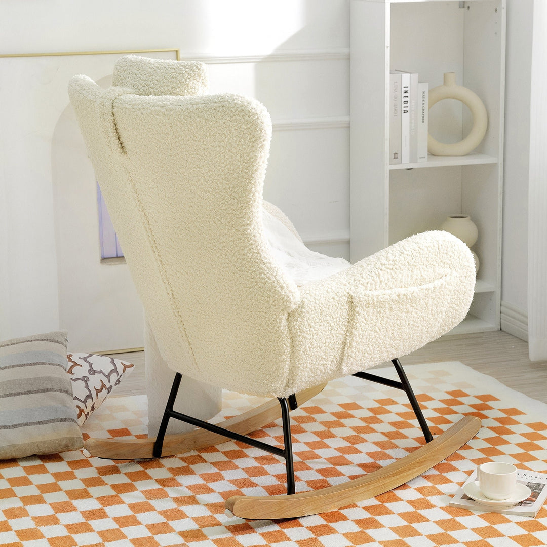 Beige Teddy Upholstered Rocker Glider Chair with Adjustable Headrest for Nursery Bedroom Living Room Office Image 3