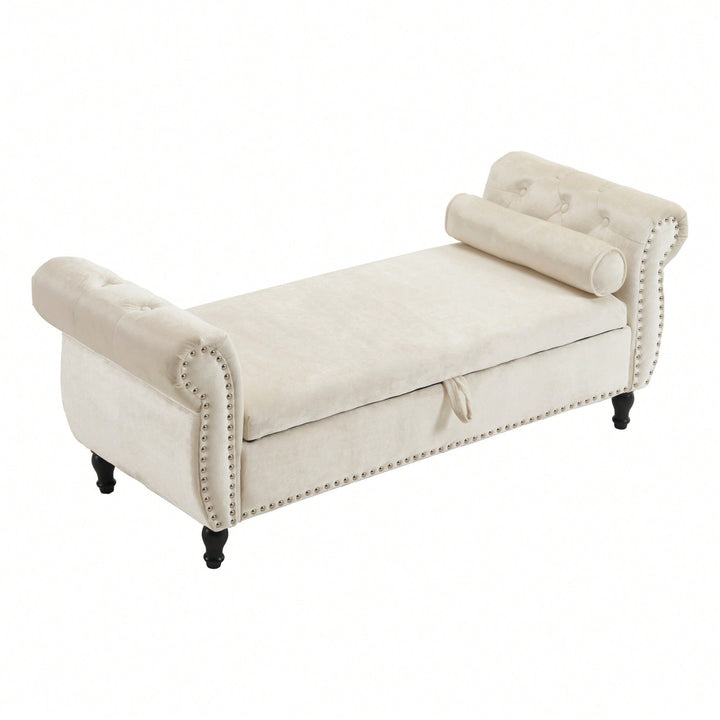 Beige Velvet Multifunctional Rectangular Storage Ottoman Bench With Pillow Image 2