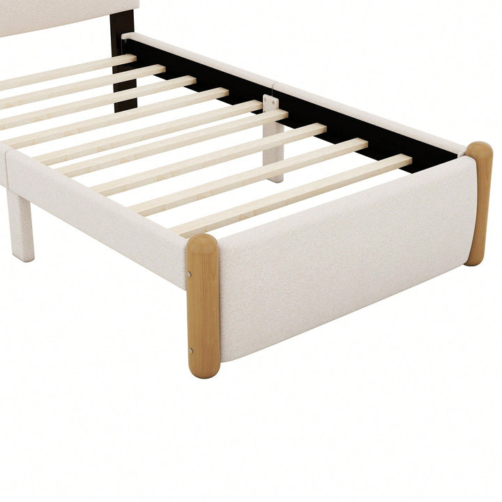 Beige Twin Size Upholstered Platform Bed With Sturdy Wooden Legs Image 4