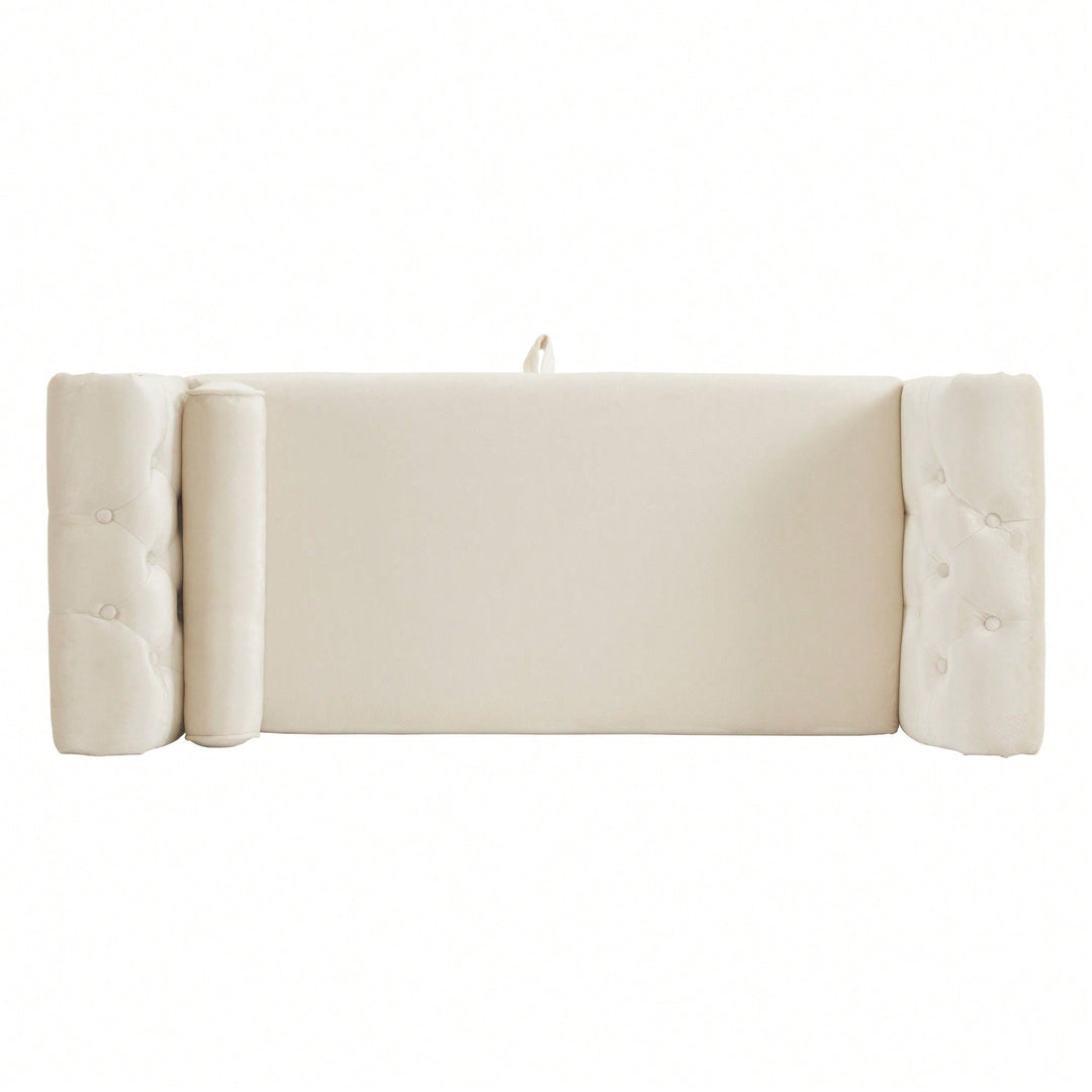 Beige Velvet Multifunctional Rectangular Storage Ottoman Bench With Pillow Image 3