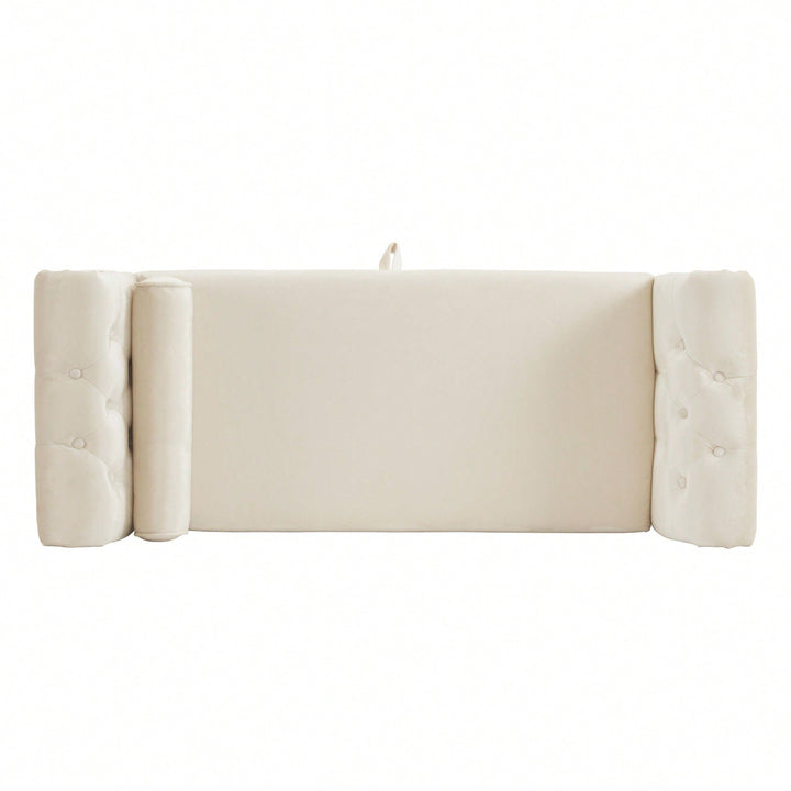 Beige Velvet Multifunctional Rectangular Storage Ottoman Bench With Pillow Image 3