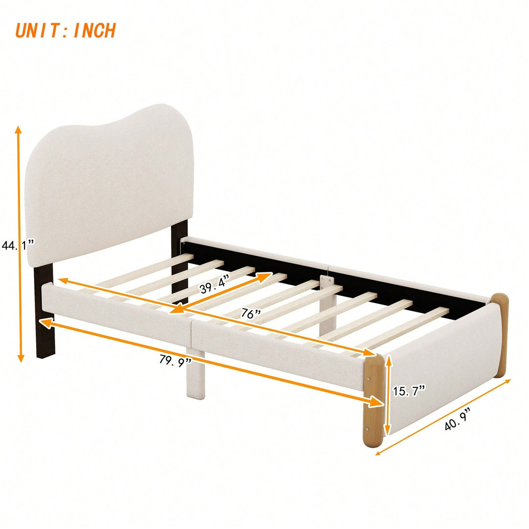 Beige Twin Size Upholstered Platform Bed With Sturdy Wooden Legs Image 6