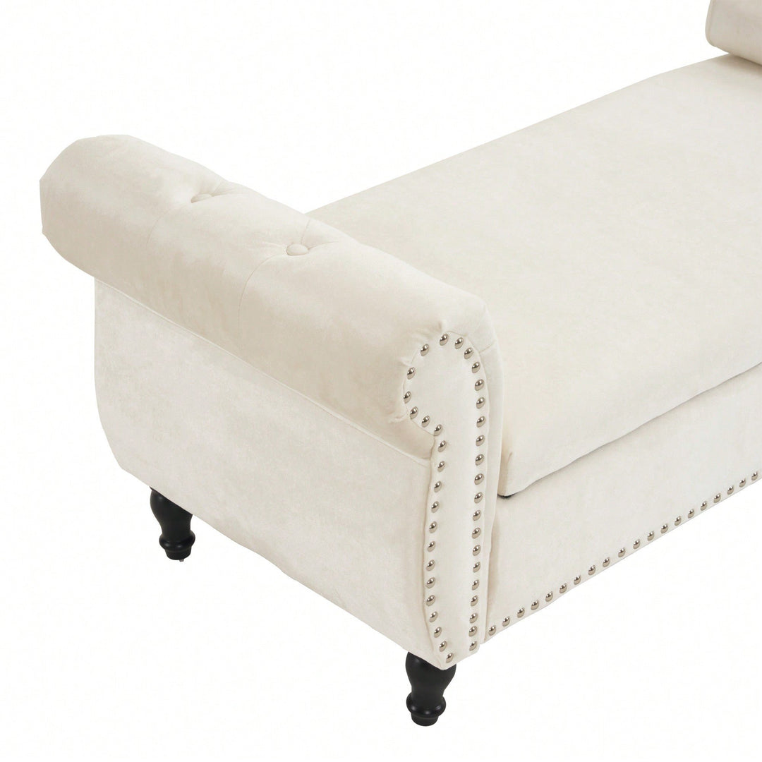 Beige Velvet Multifunctional Rectangular Storage Ottoman Bench With Pillow Image 5