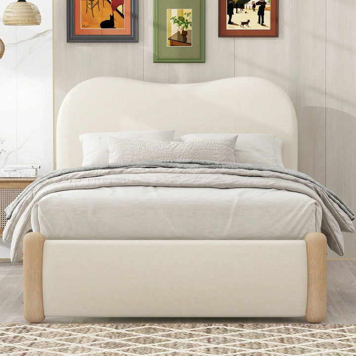 Beige Twin Size Upholstered Platform Bed With Sturdy Wooden Legs Image 7