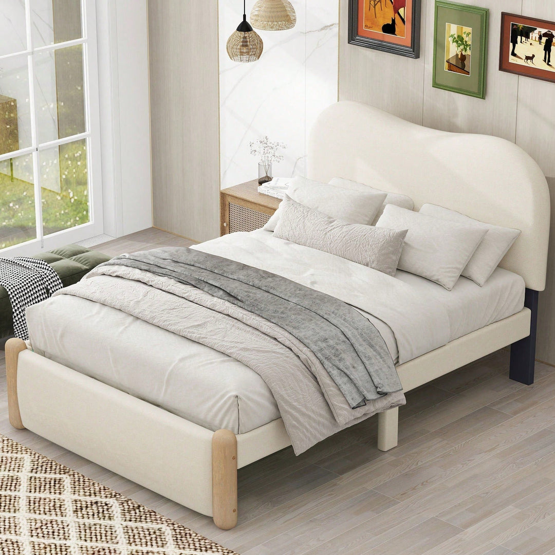 Beige Twin Size Upholstered Platform Bed With Sturdy Wooden Legs Image 8