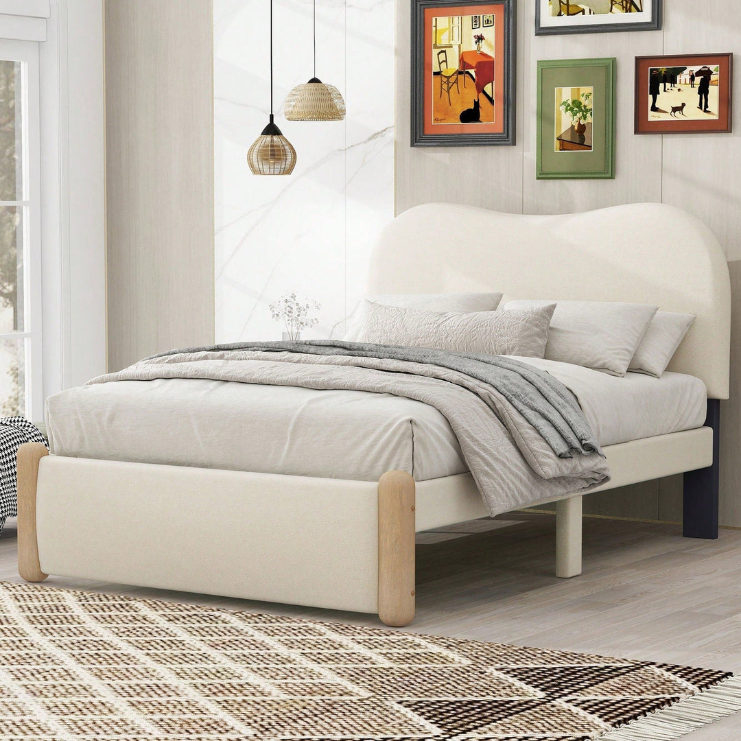 Beige Twin Size Upholstered Platform Bed With Sturdy Wooden Legs Image 9