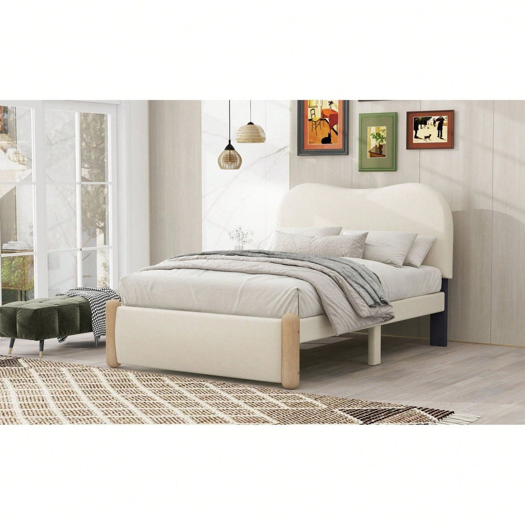 Beige Twin Size Upholstered Platform Bed With Sturdy Wooden Legs Image 10