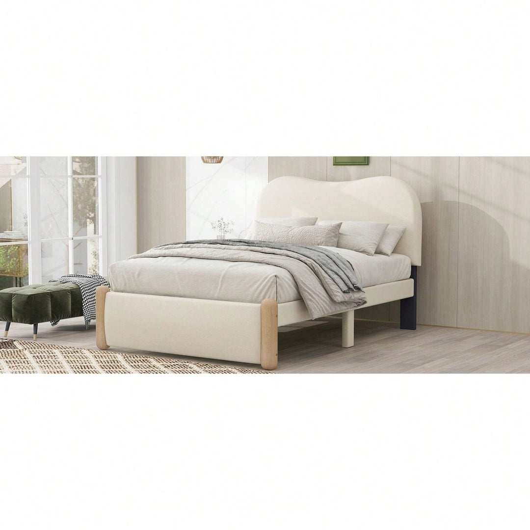 Beige Twin Size Upholstered Platform Bed With Sturdy Wooden Legs Image 11