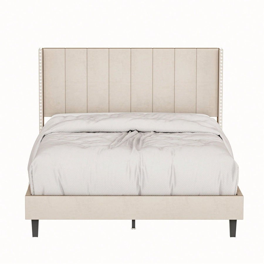 Beige Velvet Queen Bed Frame with Channel Tufted Headboard Modern Design Easy Assembly No Box Spring Needed Image 1