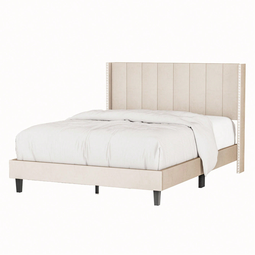 Beige Velvet Queen Bed Frame with Channel Tufted Headboard Modern Design Easy Assembly No Box Spring Needed Image 2