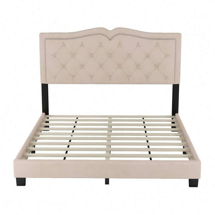 Beige Velvet Tufted Queen Platform Bed Frame with Rivet Accents and Wood Slat Support Easy Assembly No Box Spring Image 1