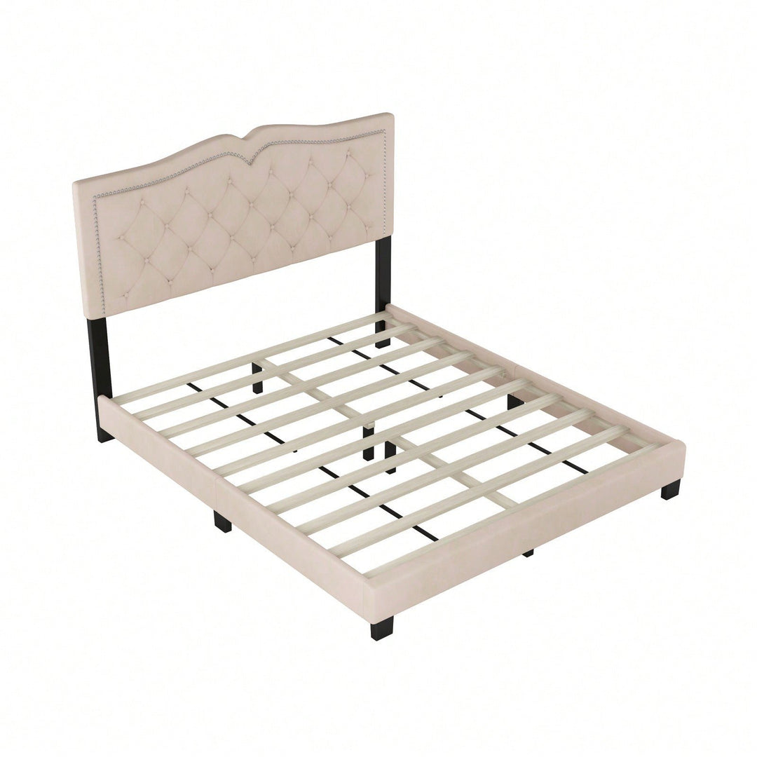 Beige Velvet Tufted Queen Platform Bed Frame with Rivet Accents and Wood Slat Support Easy Assembly No Box Spring Image 2