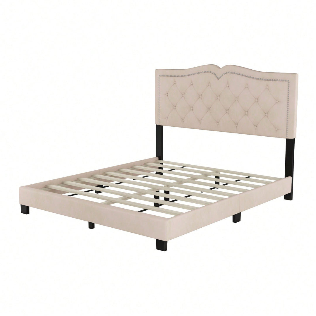 Beige Velvet Tufted Queen Platform Bed Frame with Rivet Accents and Wood Slat Support Easy Assembly No Box Spring Image 3