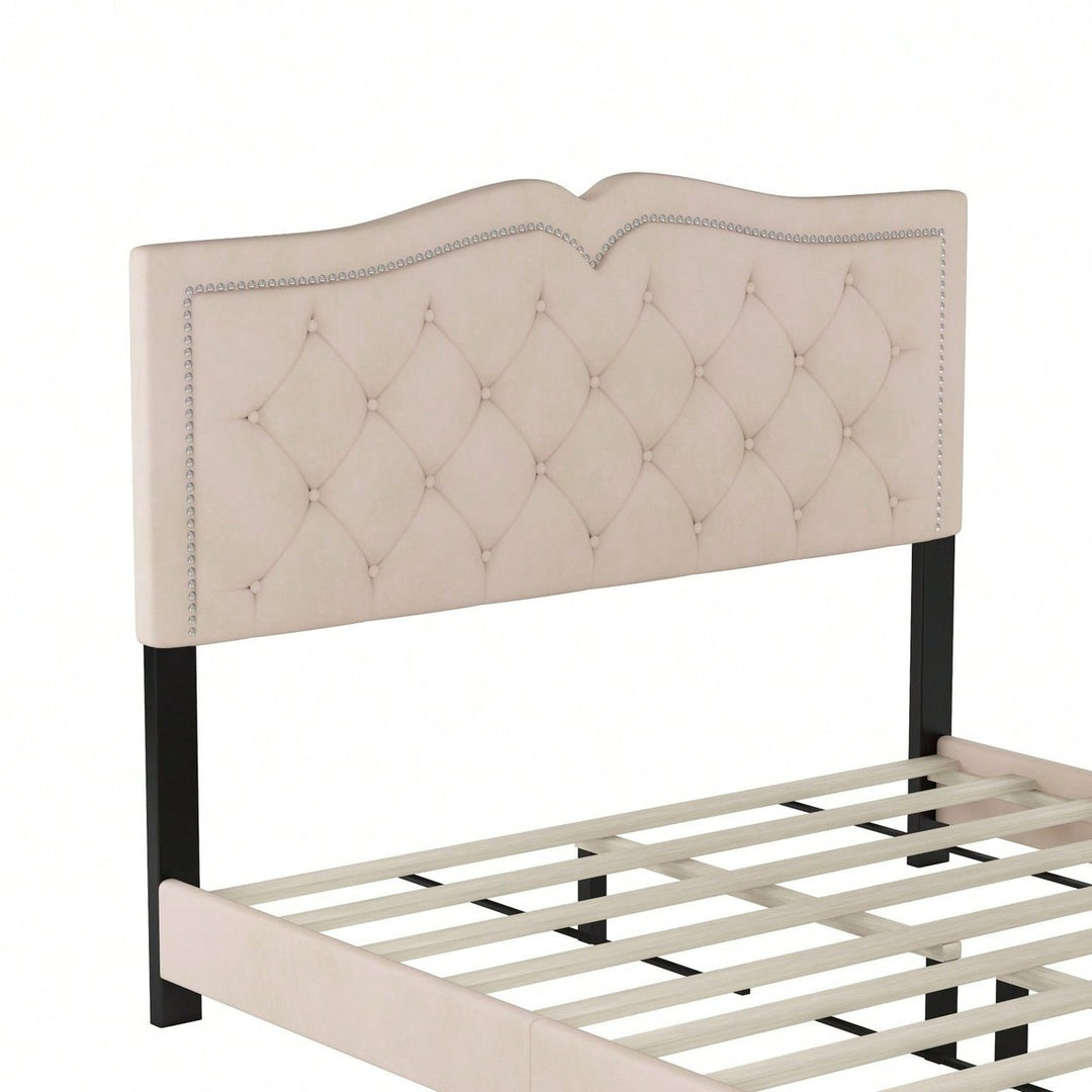 Beige Velvet Tufted Queen Platform Bed Frame with Rivet Accents and Wood Slat Support Easy Assembly No Box Spring Image 4