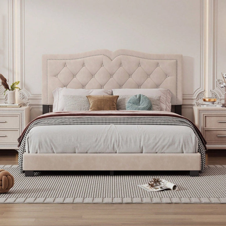 Beige Velvet Tufted Queen Platform Bed Frame with Rivet Accents and Wood Slat Support Easy Assembly No Box Spring Image 6