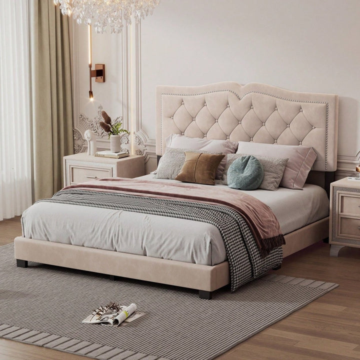 Beige Velvet Tufted Queen Platform Bed Frame with Rivet Accents and Wood Slat Support Easy Assembly No Box Spring Image 7