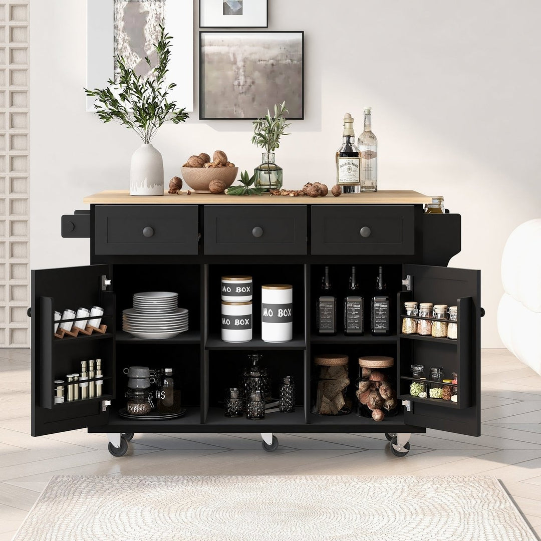 Black Kitchen Island Cart with Rubberwood Drop-Leaf Top Storage Cabinet and 3 Drawers on Wheels Image 1