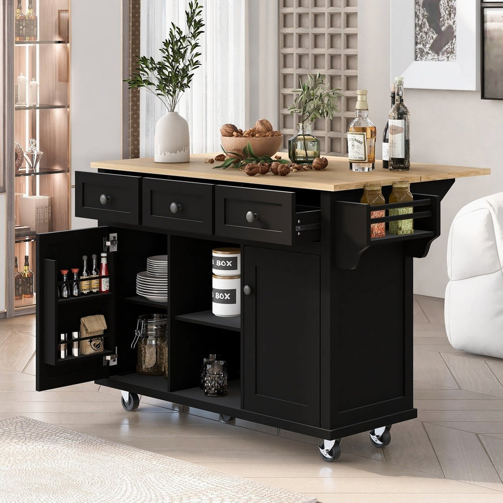 Black Kitchen Island Cart with Rubberwood Drop-Leaf Top Storage Cabinet and 3 Drawers on Wheels Image 2