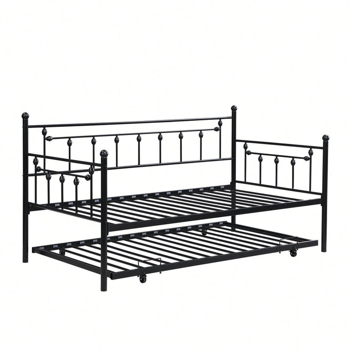 Black Metal Daybed with Trundle Modern Design Sturdy Steel Frame Easy Assembly Space Saving Noise-Free for Kids Room Image 2