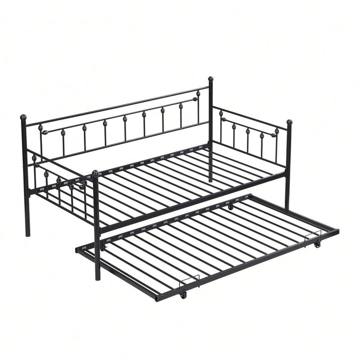 Black Metal Daybed with Trundle Modern Design Sturdy Steel Frame Easy Assembly Space Saving Noise-Free for Kids Room Image 3