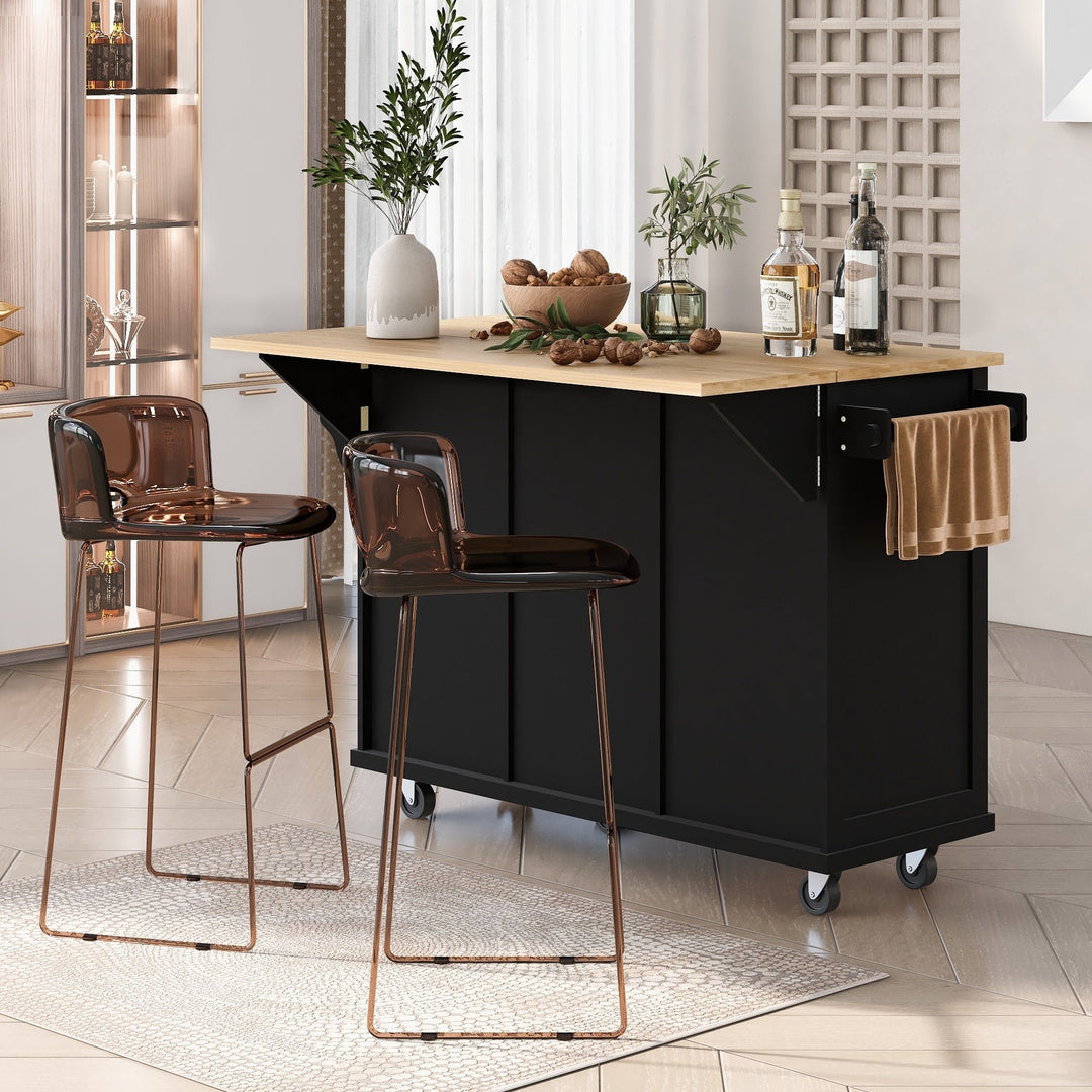 Black Kitchen Island Cart with Rubberwood Drop-Leaf Top Storage Cabinet and 3 Drawers on Wheels Image 3