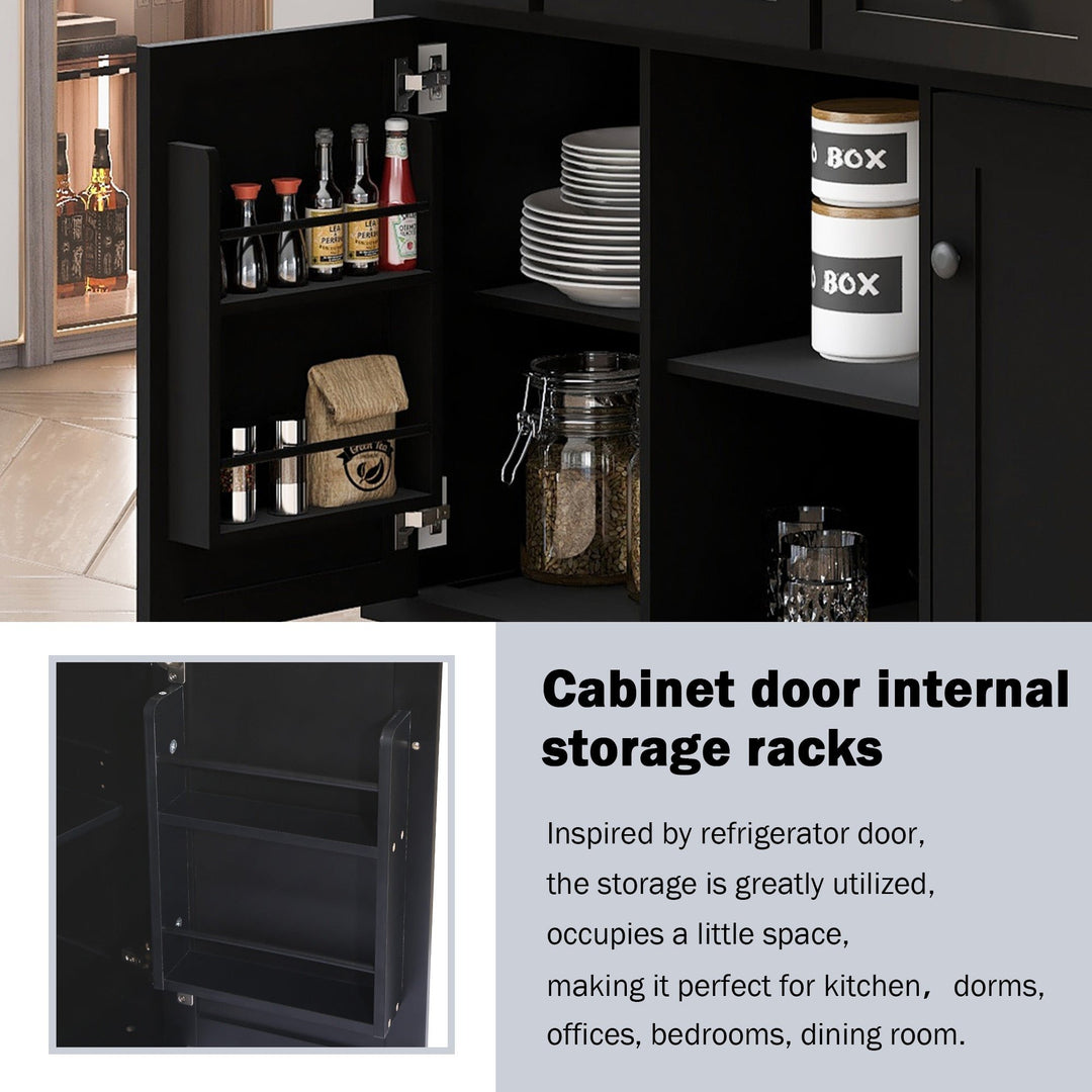 Black Kitchen Island Cart with Rubberwood Drop-Leaf Top Storage Cabinet and 3 Drawers on Wheels Image 4