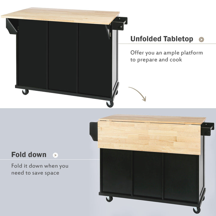 Black Kitchen Island Cart with Rubberwood Drop-Leaf Top Storage Cabinet and 3 Drawers on Wheels Image 5