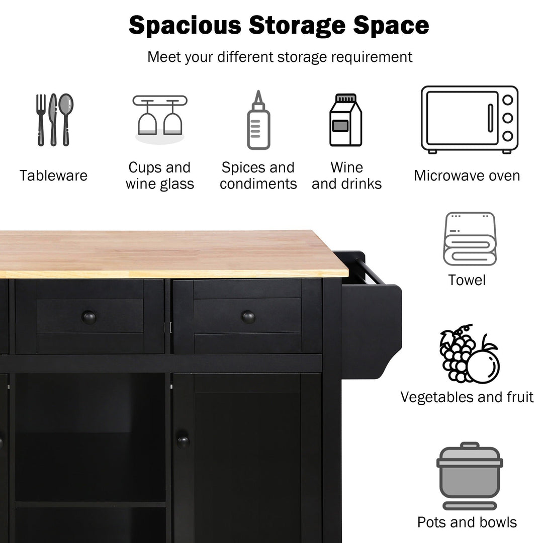 Black Kitchen Island Cart with Rubberwood Drop-Leaf Top Storage Cabinet and 3 Drawers on Wheels Image 6