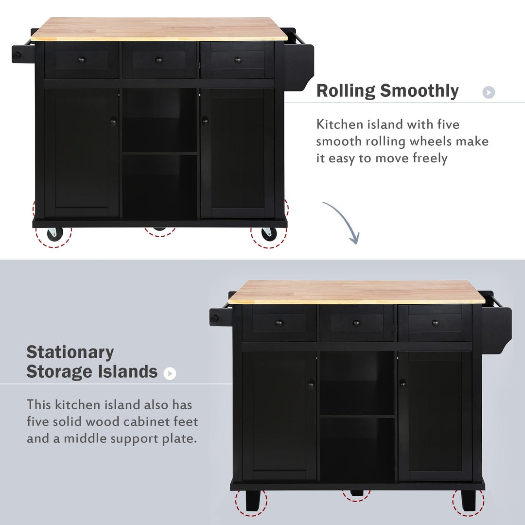 Black Kitchen Island Cart with Rubberwood Drop-Leaf Top Storage Cabinet and 3 Drawers on Wheels Image 7