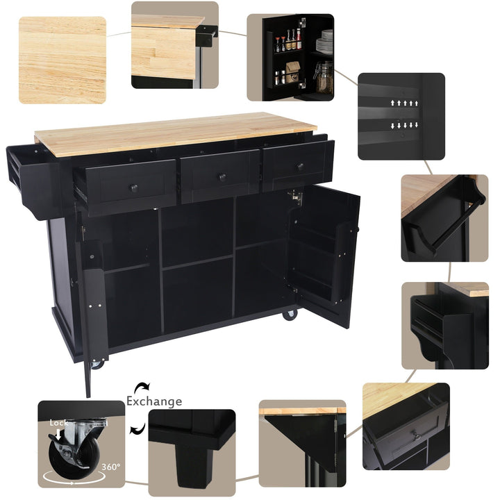 Black Kitchen Island Cart with Rubberwood Drop-Leaf Top Storage Cabinet and 3 Drawers on Wheels Image 8