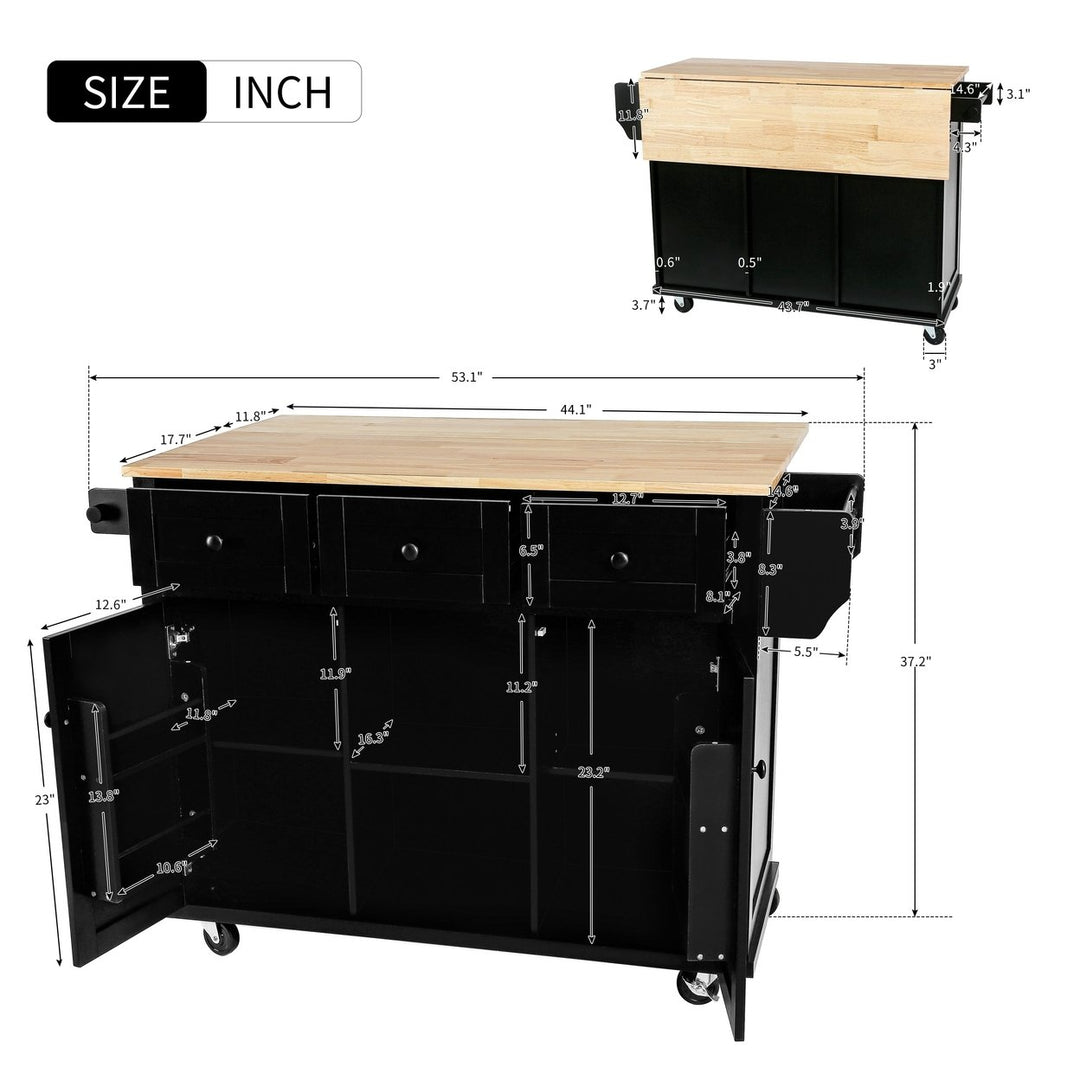 Black Kitchen Island Cart with Rubberwood Drop-Leaf Top Storage Cabinet and 3 Drawers on Wheels Image 9