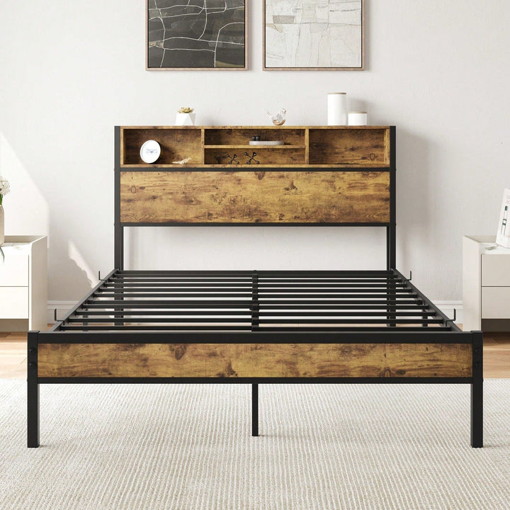 Black Metal Platform Bed Frame with Storage Headboard USB Charging Station Easy Assembly No Box Spring Needed Image 1