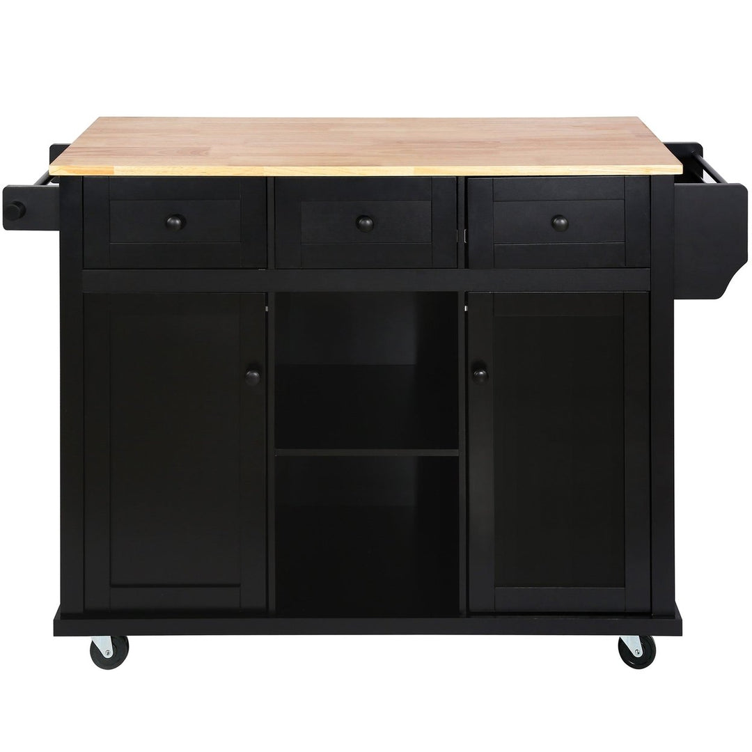 Black Kitchen Island Cart with Rubberwood Drop-Leaf Top Storage Cabinet and 3 Drawers on Wheels Image 10