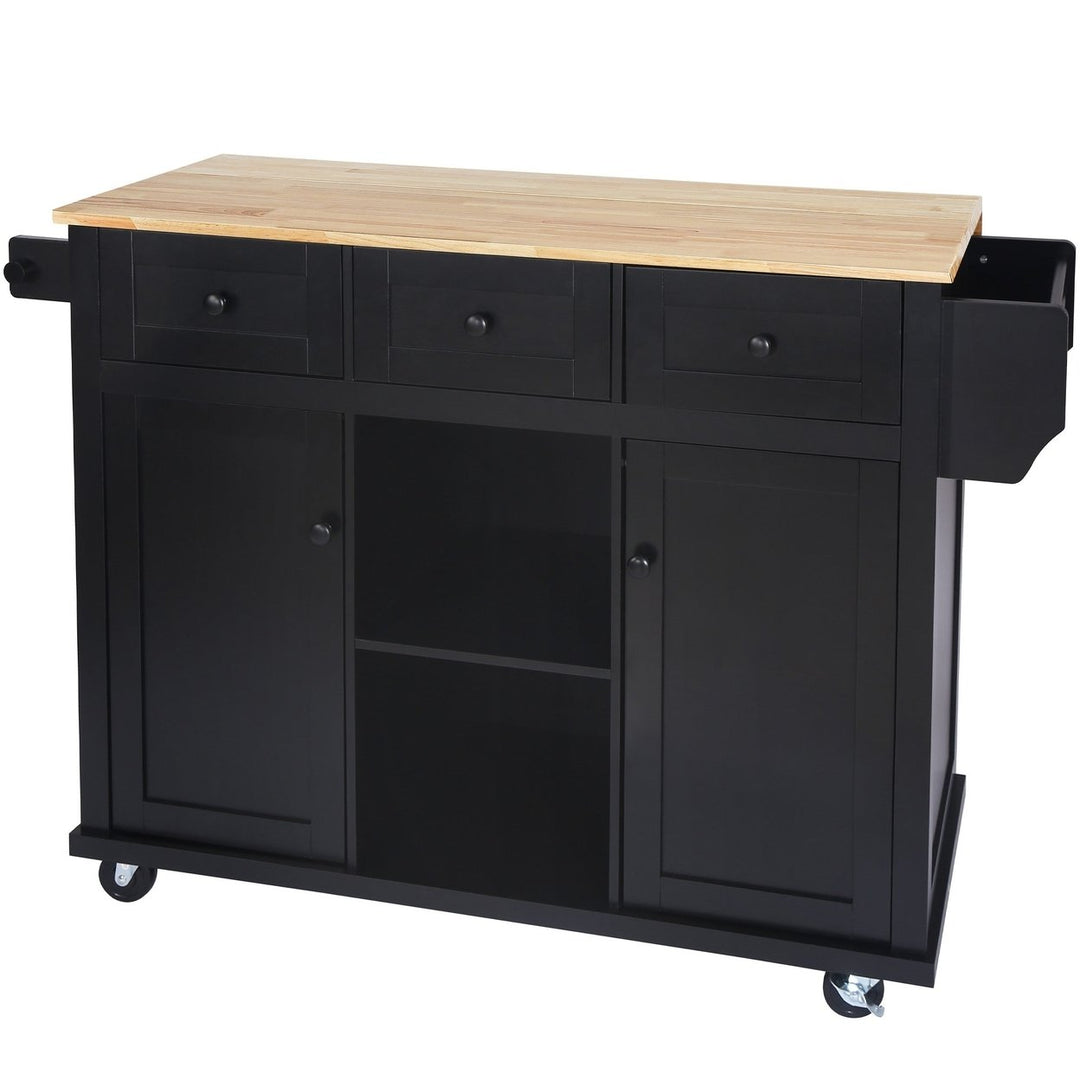 Black Kitchen Island Cart with Rubberwood Drop-Leaf Top Storage Cabinet and 3 Drawers on Wheels Image 11