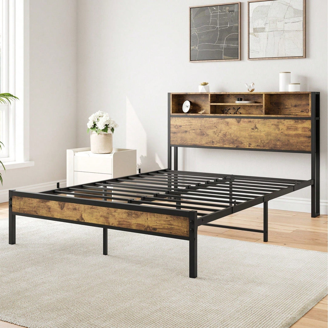 Black Metal Platform Bed Frame with Storage Headboard USB Charging Station Easy Assembly No Box Spring Needed Image 2