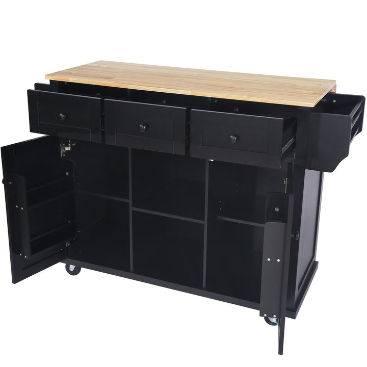 Black Kitchen Island Cart with Rubberwood Drop-Leaf Top Storage Cabinet and 3 Drawers on Wheels Image 12