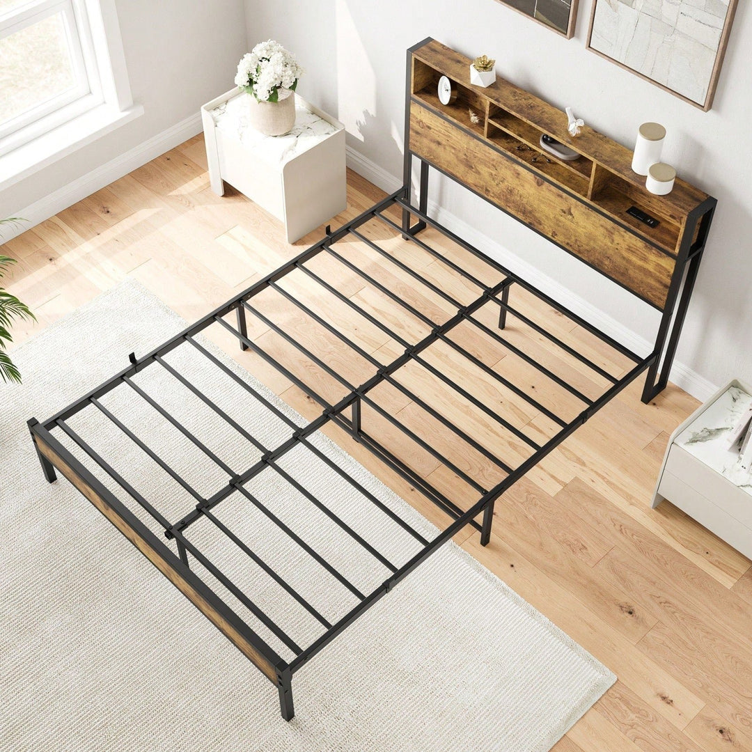 Black Metal Platform Bed Frame with Storage Headboard USB Charging Station Easy Assembly No Box Spring Needed Image 3