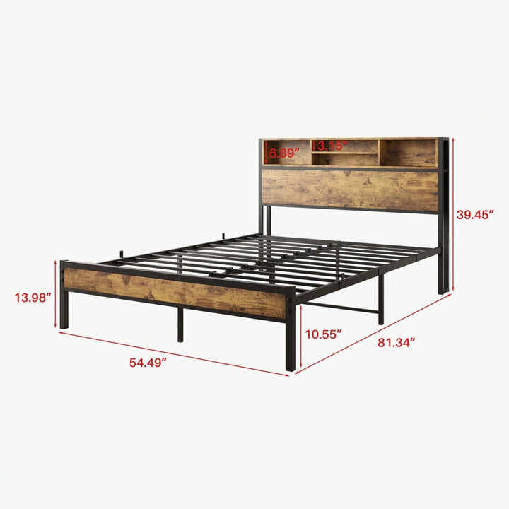 Black Metal Platform Bed Frame with Storage Headboard USB Charging Station Easy Assembly No Box Spring Needed Image 4