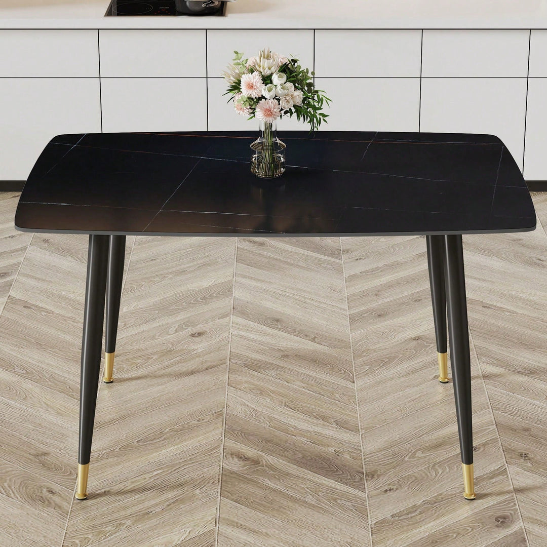 Black Sintered Stone Tabletop With Golden Stripe Pattern, Black Metal Legs Dining Image 1