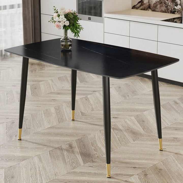 Black Sintered Stone Tabletop With Golden Stripe Pattern, Black Metal Legs Dining Image 2