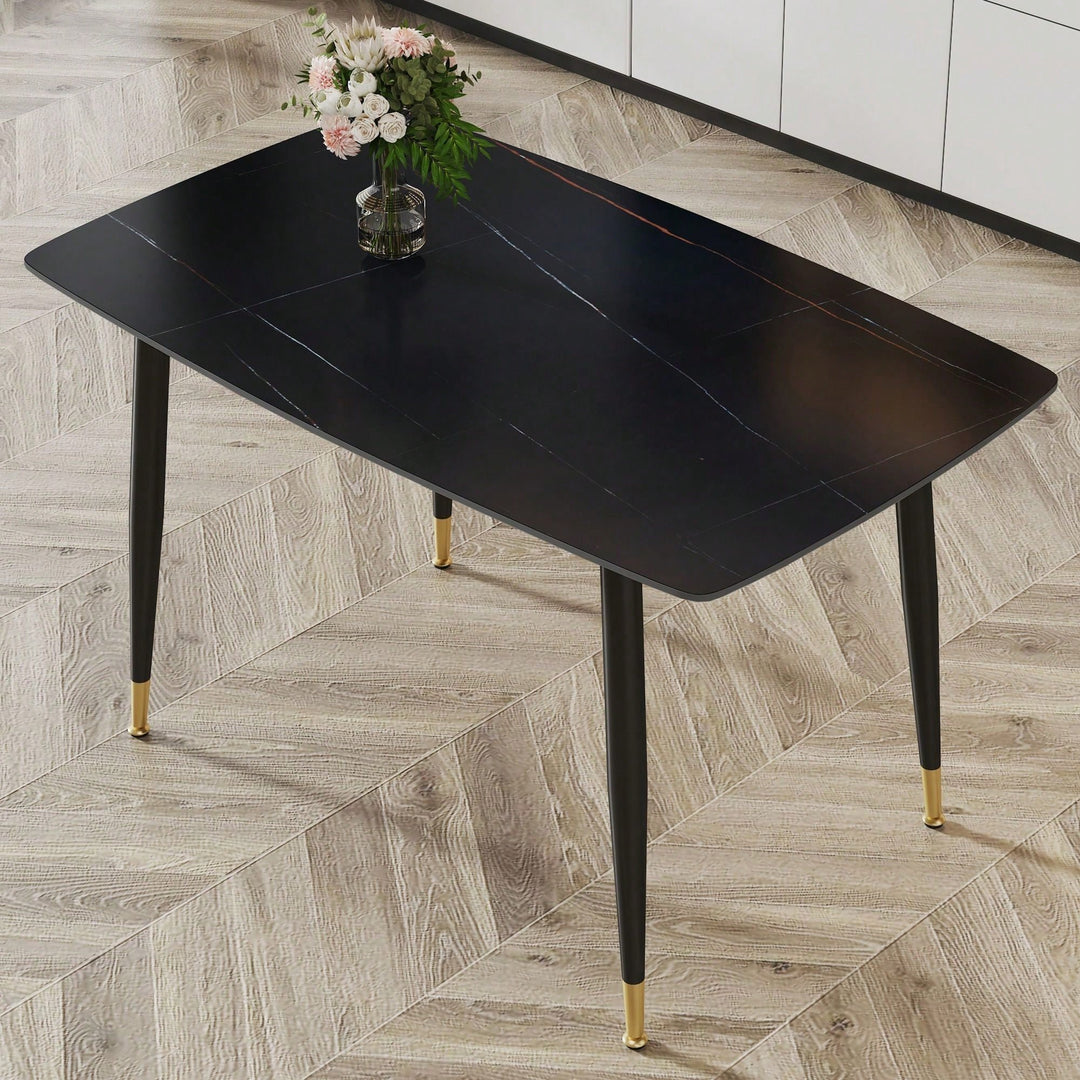 Black Sintered Stone Tabletop With Golden Stripe Pattern, Black Metal Legs Dining Image 3