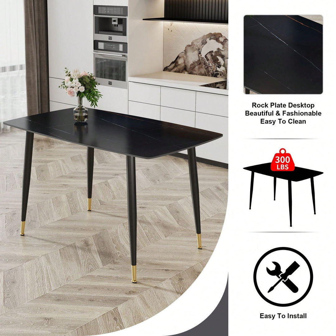 Black Sintered Stone Tabletop With Golden Stripe Pattern, Black Metal Legs Dining Image 4