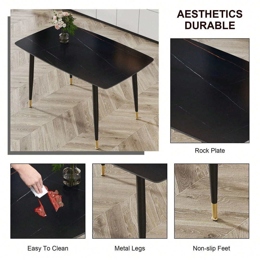 Black Sintered Stone Tabletop With Golden Stripe Pattern, Black Metal Legs Dining Image 5